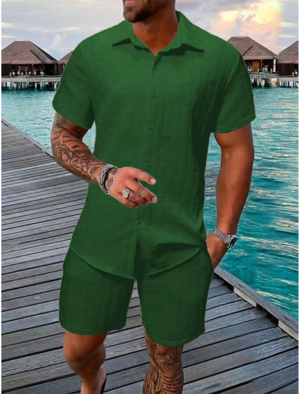2025 Men'S New Summer Short-Sleeved Suit Lapel Fashion Casual Beach Striped Plaid Suit