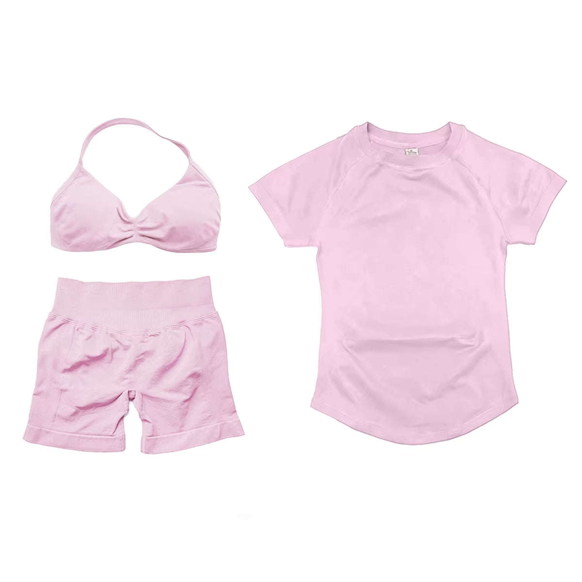 3 Pcs Short Sleeve Shirt Gym Set round Neck Yoga Shirt & Seamless Shorts &Strappy Bra Fitness Cycling Gym Clothing