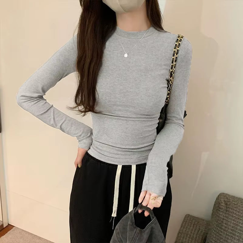 Slim Fit Long Sleeve T-Shirt Women'S Basic Style 2025 Autumn Season Versatile Korean Style Trendy Base Layer Top