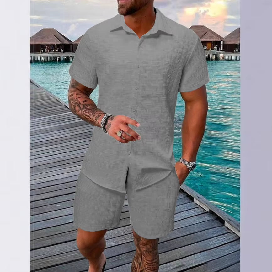 2025 Men'S New Summer Short-Sleeved Suit Lapel Fashion Casual Beach Striped Plaid Suit