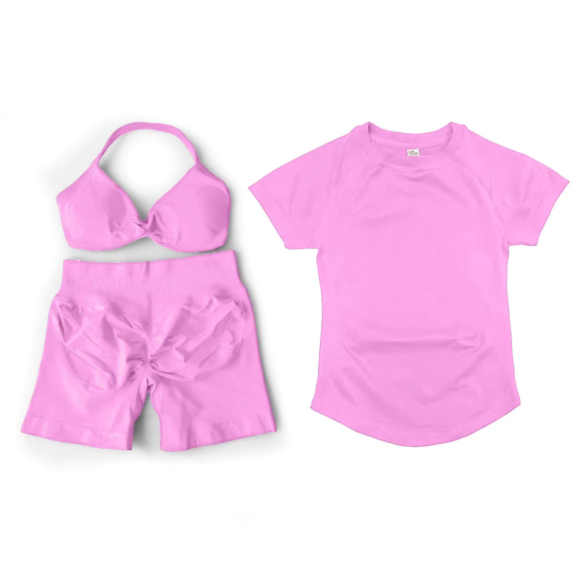 3 Pcs Short Sleeve Shirt Gym Set round Neck Yoga Shirt & Seamless Shorts &Strappy Bra Fitness Cycling Gym Clothing