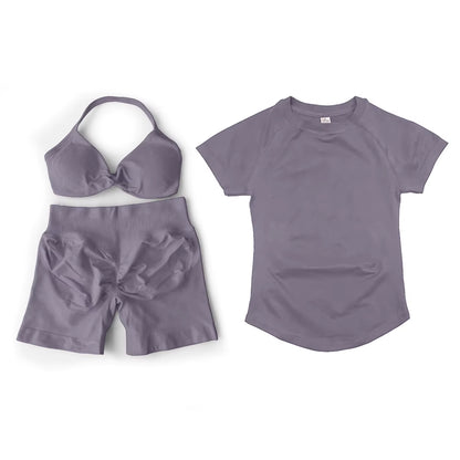 3 Pcs Short Sleeve Shirt Gym Set round Neck Yoga Shirt & Seamless Shorts &Strappy Bra Fitness Cycling Gym Clothing