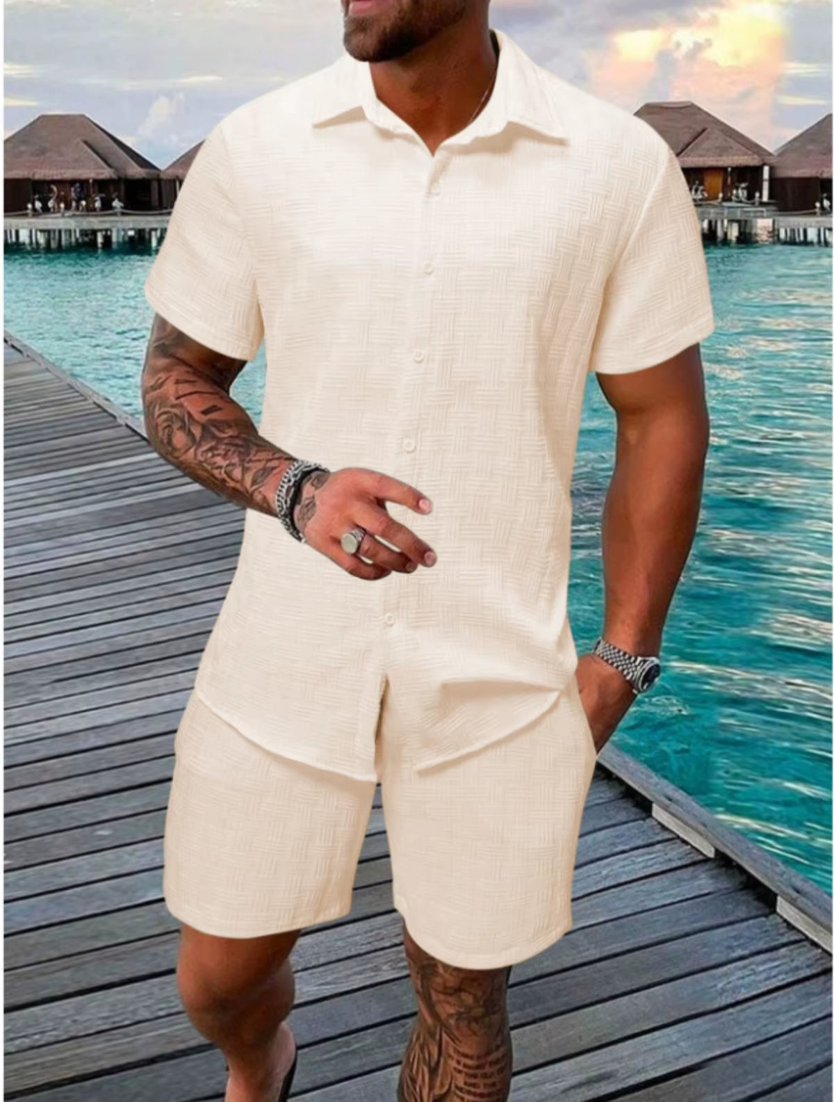 2025 Men'S New Summer Short-Sleeved Suit Lapel Fashion Casual Beach Striped Plaid Suit