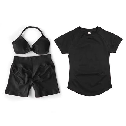 3 Pcs Short Sleeve Shirt Gym Set round Neck Yoga Shirt & Seamless Shorts &Strappy Bra Fitness Cycling Gym Clothing