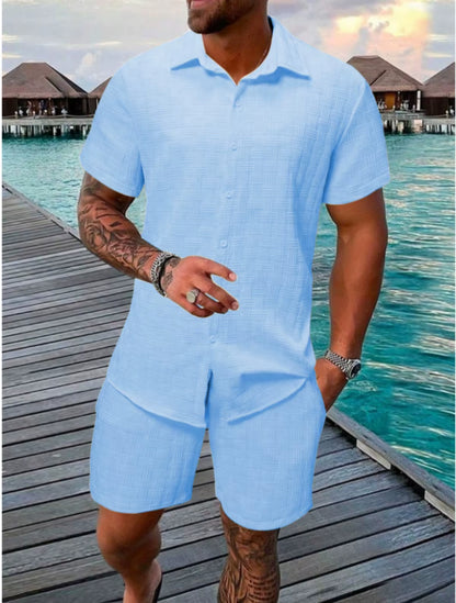 2025 Men'S New Summer Short-Sleeved Suit Lapel Fashion Casual Beach Striped Plaid Suit
