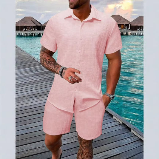 2025 Men'S New Summer Short-Sleeved Suit Lapel Fashion Casual Beach Striped Plaid Suit