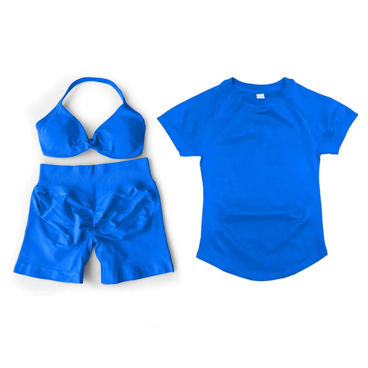 3 Pcs Short Sleeve Shirt Gym Set round Neck Yoga Shirt & Seamless Shorts &Strappy Bra Fitness Cycling Gym Clothing