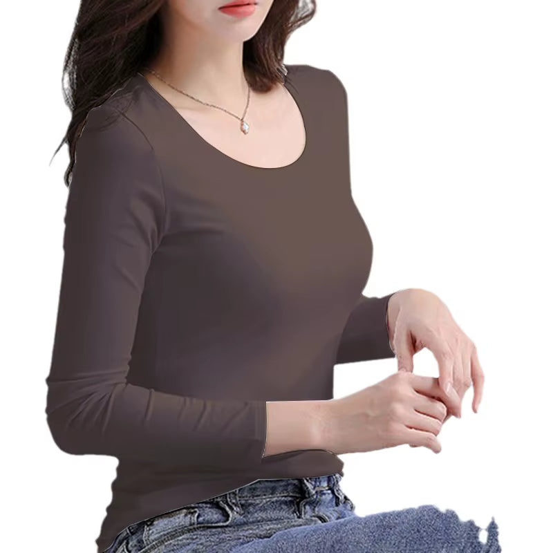 Slim Fit Long Sleeve T-Shirt Women'S Basic Style 2025 Autumn Season Versatile Korean Style Trendy Base Layer Top
