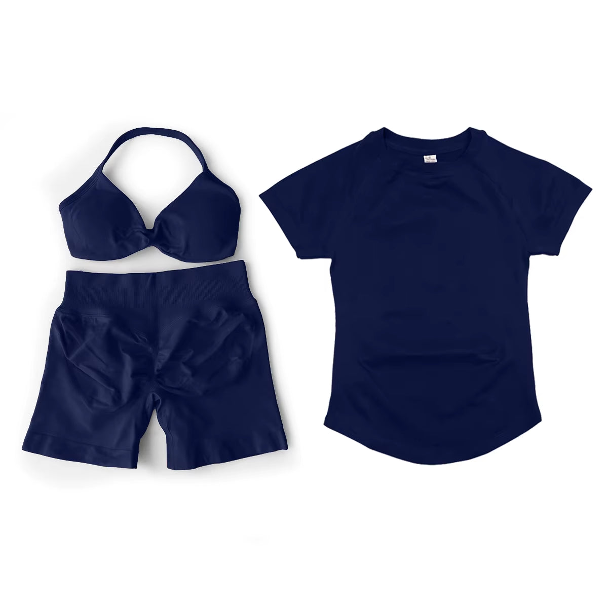 3 Pcs Short Sleeve Shirt Gym Set round Neck Yoga Shirt & Seamless Shorts &Strappy Bra Fitness Cycling Gym Clothing