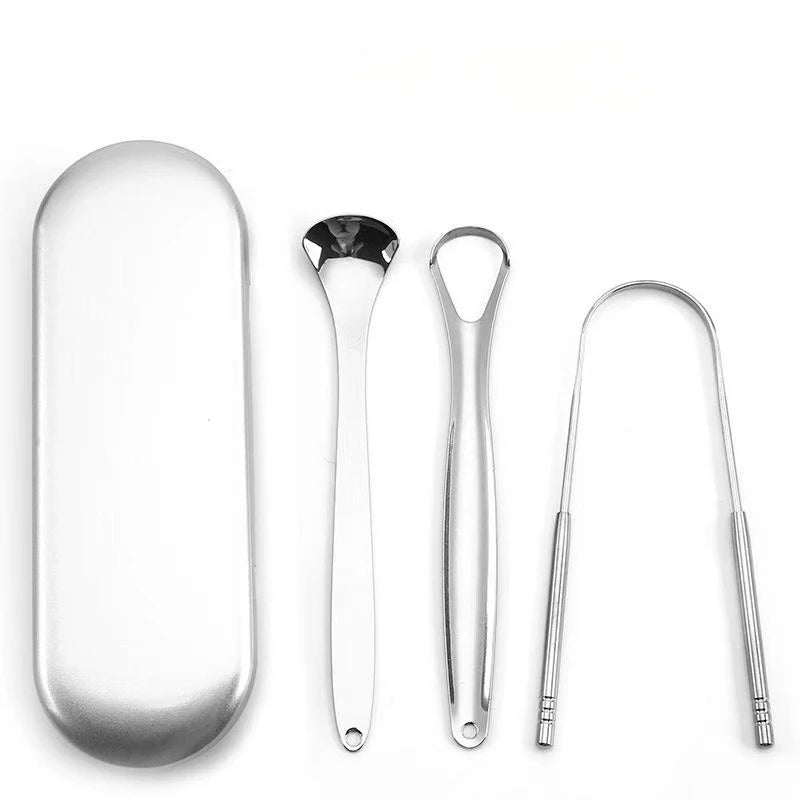 Stainless Steel Tongue Scraper Set with Portable Case Odorless, Oral Care Tool for Fresh Breath Tongue Cleaning Plate