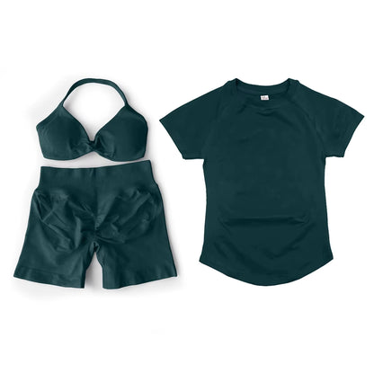 3 Pcs Short Sleeve Shirt Gym Set round Neck Yoga Shirt & Seamless Shorts &Strappy Bra Fitness Cycling Gym Clothing