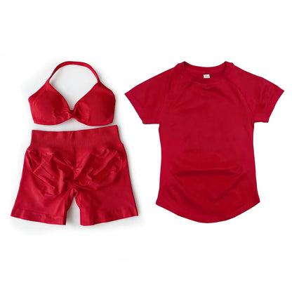3 Pcs Short Sleeve Shirt Gym Set round Neck Yoga Shirt & Seamless Shorts &Strappy Bra Fitness Cycling Gym Clothing