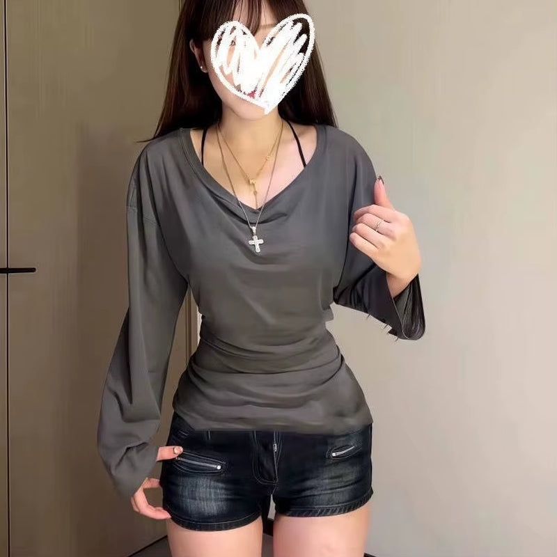 Slim Fit Long Sve T-Irt Summer Lightweight See Tough Belted Loose Design Moisture Ng Color Commute Sle